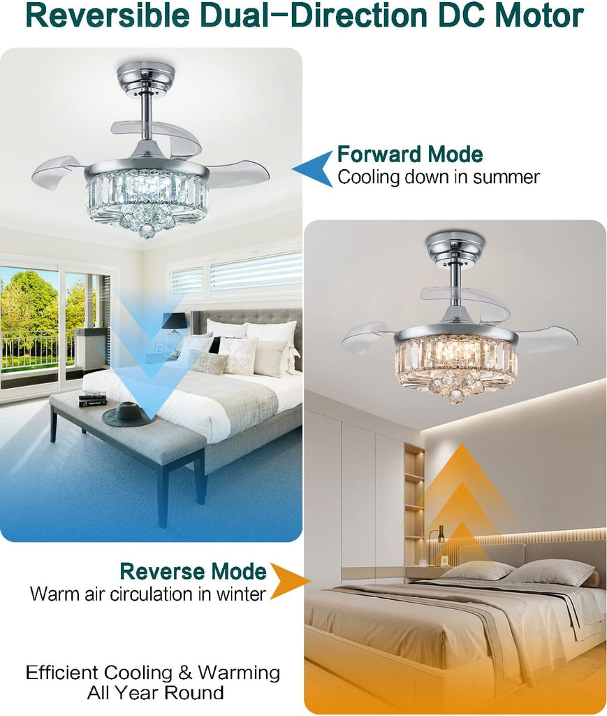 30 Inch Crystal Fandelier Ceiling Fan with Light Dimmable Chandelier Ceiling Fans with Lights ,Chrome