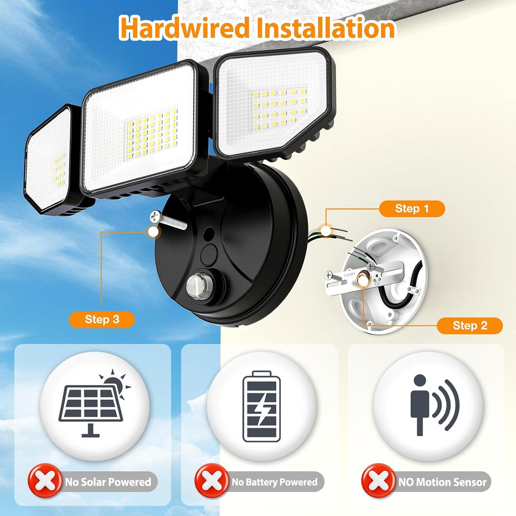 65W Dusk to Dawn Flood Lights Outdoor, 6500LM LED Outdoor Light, IP65 Waterproof, 6500K Daylight, 3 Adjustable Heads
