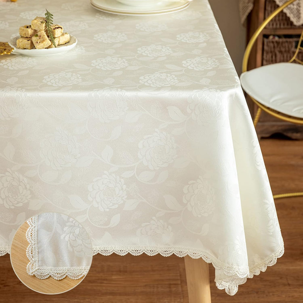 Textured Tablecloth Waterproof Spillproof Lace Trim Rectangle Damask Fabric Table Cloth Kitchen Dinn