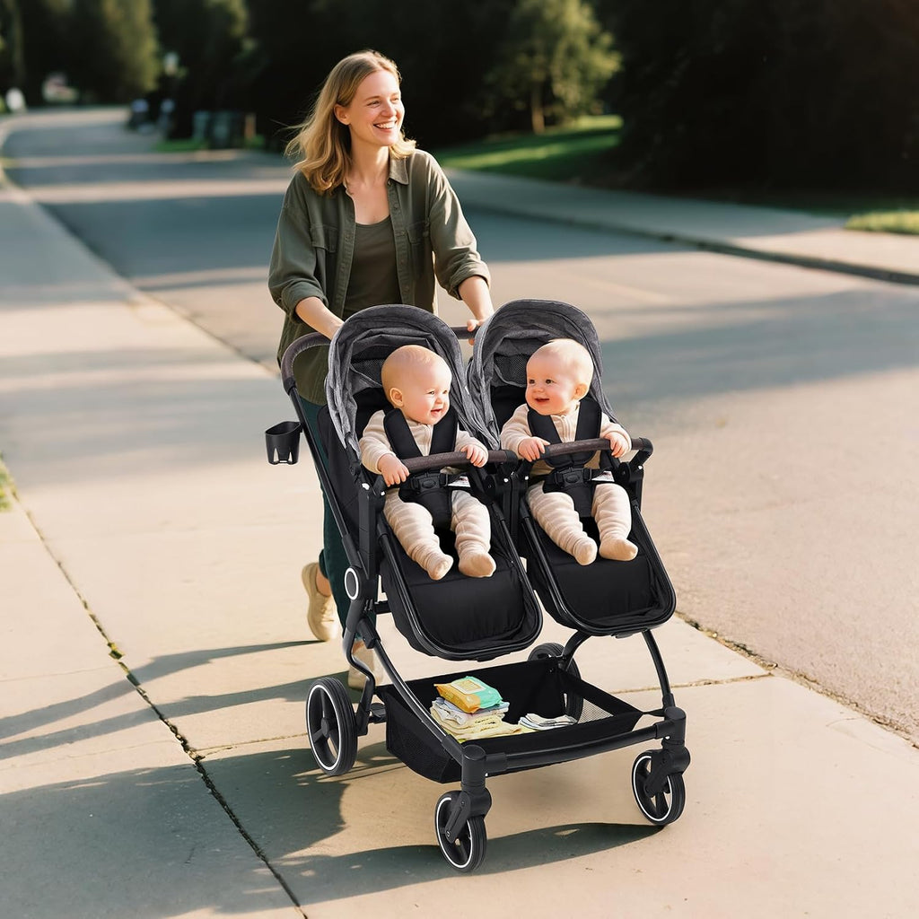 Side by Side Double Stroller for Twins, Lightweight Compact Foldable Baby Travel Stroller with High Landscape Seat