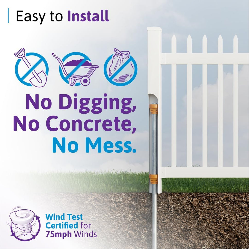 4ft White Vinyl Finishing Post BL19042 | No Dig, Steel Pipe Anchor Kit, Permanent, For Nantucket, Sturbridge, Westport Fence &