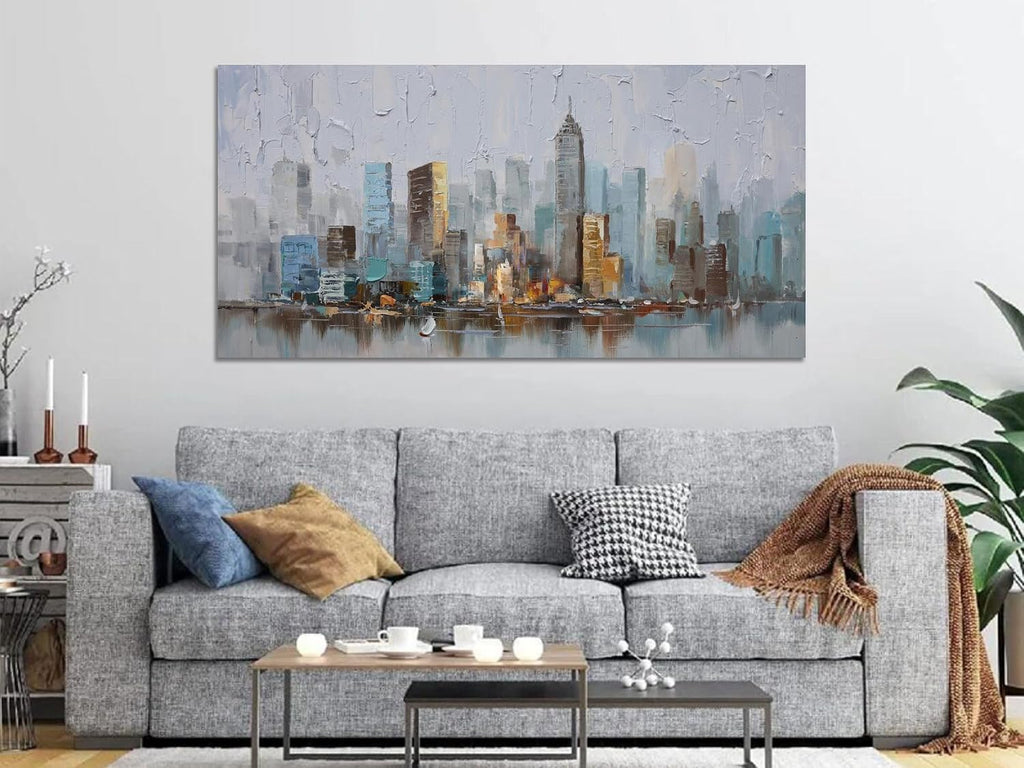 Abstract Cityscape Canvas Wall Art New York City Painting Modern Skyline Colorful NYC Grey Blue Picture