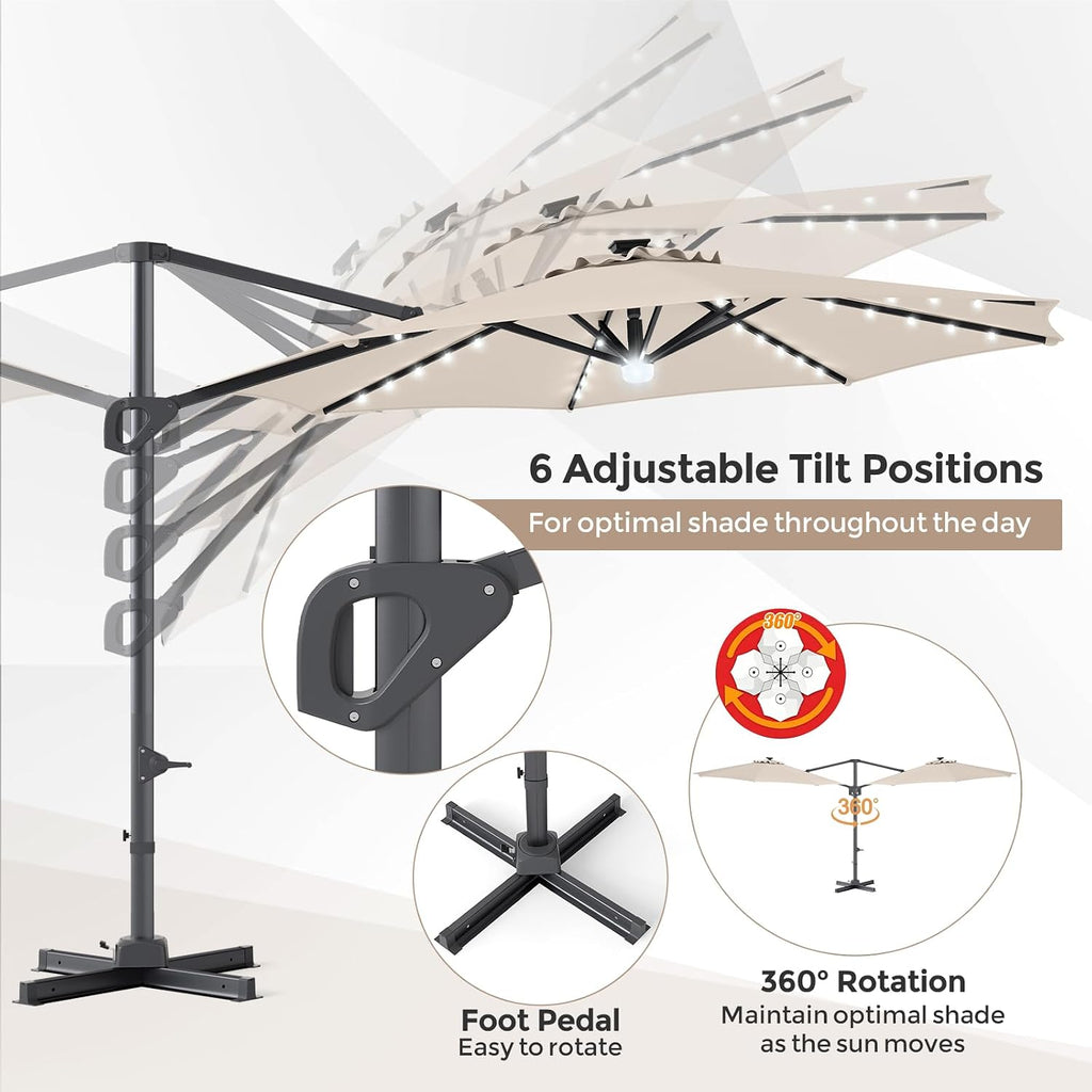 10ft Patio Umbrella with Solar Lights, Offset Cantilever Square Outdoor Umbrella with 35 LED Lights, Aluminum Pole
