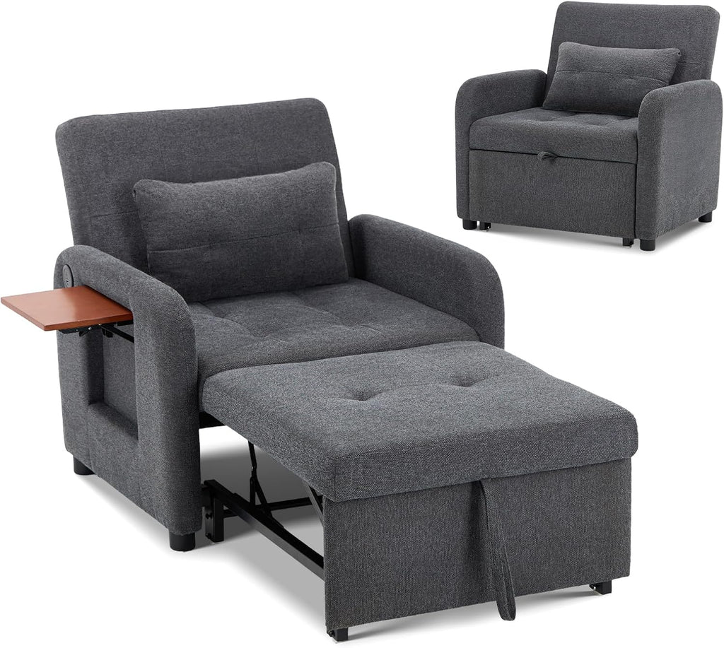 Convertible Sleeper Chair-Fabric Futon Sofa Bed, Single Sleeper Sofa, Small Couch Bed with USB Port, Foldable Table