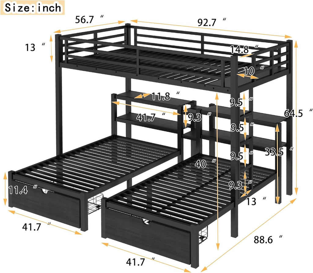 Full XL Over Twin Over Twin Triple Bunk Beds with Storage Drawers, Shelves