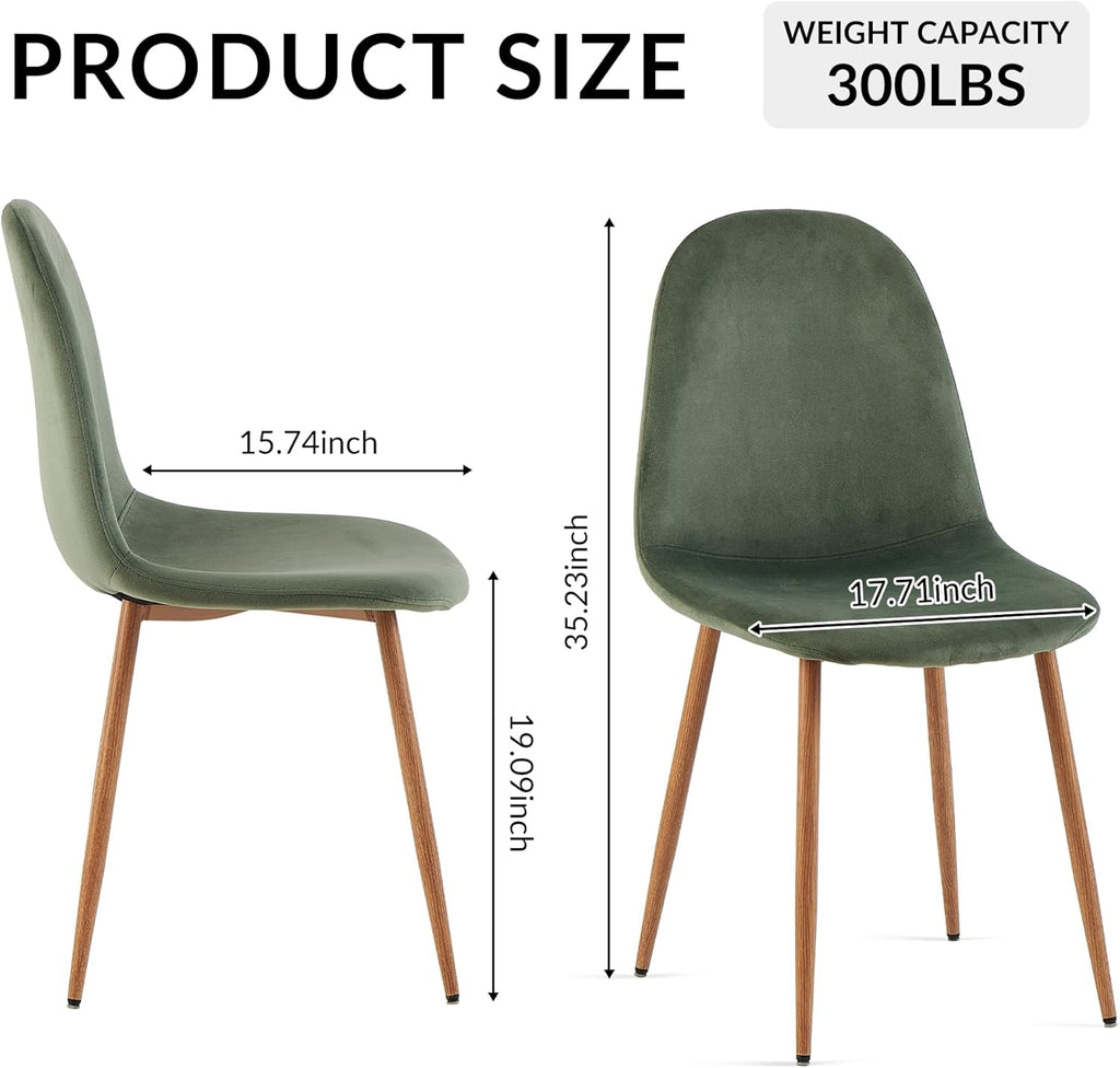 Dining Chairs Set of 4, Mid Century Modern Green Velvet Upholstered Fabric Kitchen Chairs with Backrest & Metal