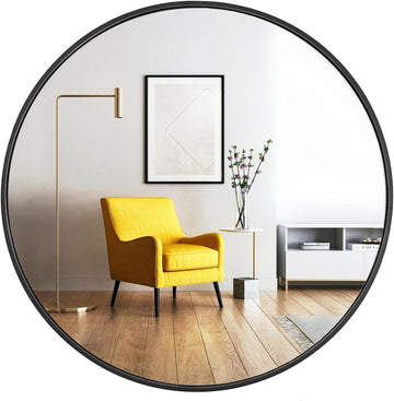 Round Mirror, Black Round Mirror 24 inch, Circle Wall Mirrors Metal Frame, Circular Mirrors for Wall, Living Room