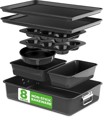 8-Piece Stackable Nonstick Bakeware Set - Premium Steel Pans Set - Includes Round Cake Pan, 6-Cup Muffin Pans