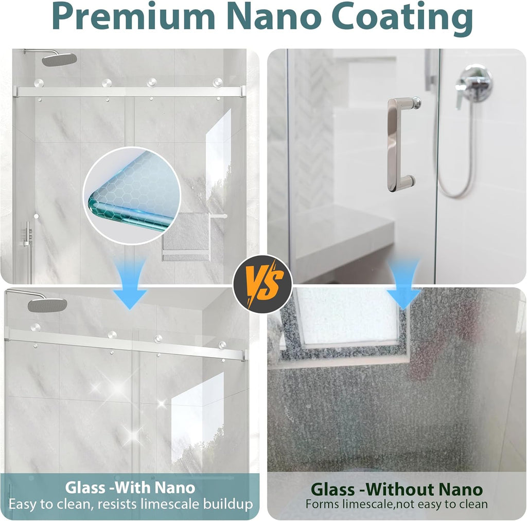 Frameless Shower Door, 55-60" W x 76" H Double Sliding Glass Shower Door