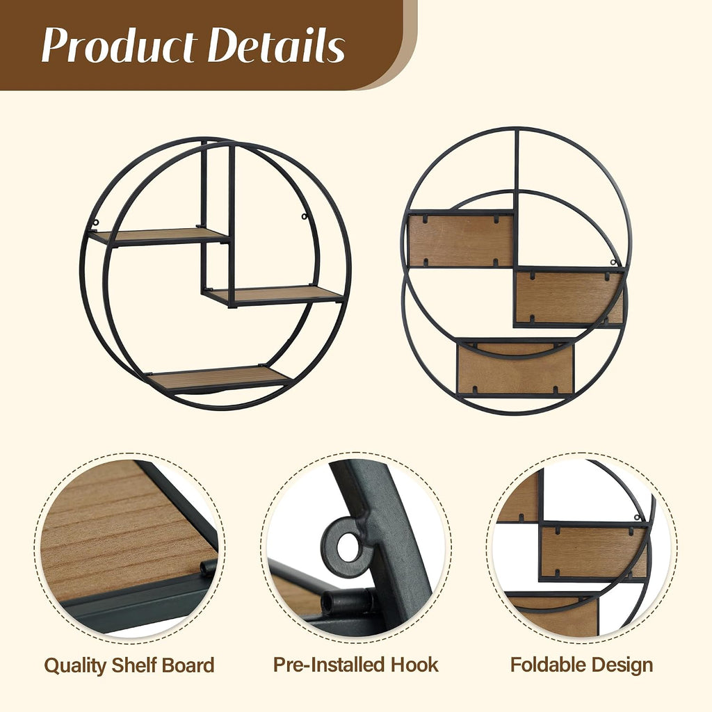 3 Tier Industrial Style Foldable Circle Wall Shelves | 21" x 21", no assembly required, foldable wall mounted shelves