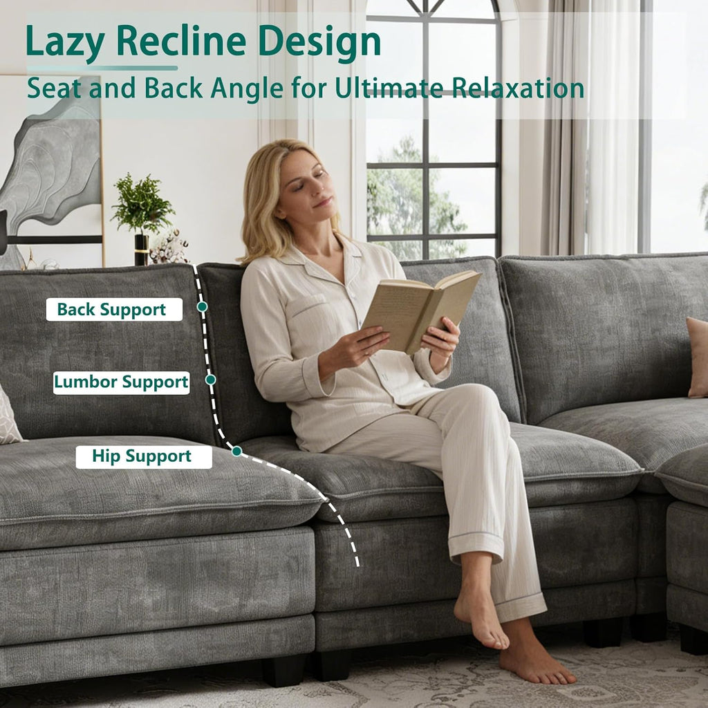 Modern L Shaped Sofa Couches , Modular Sectional Cloud Couch with Movable Ottoman, Comfy Chenille Sofa , Dark Gray