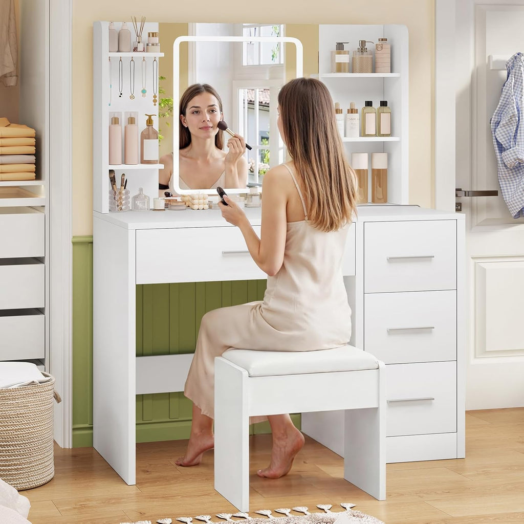 Vanity Desk with Mirror and Lights, Makeup Vanity with Power Outlet and 4 Drawers & 6 Shelves & 5 Hooks, 3 Color