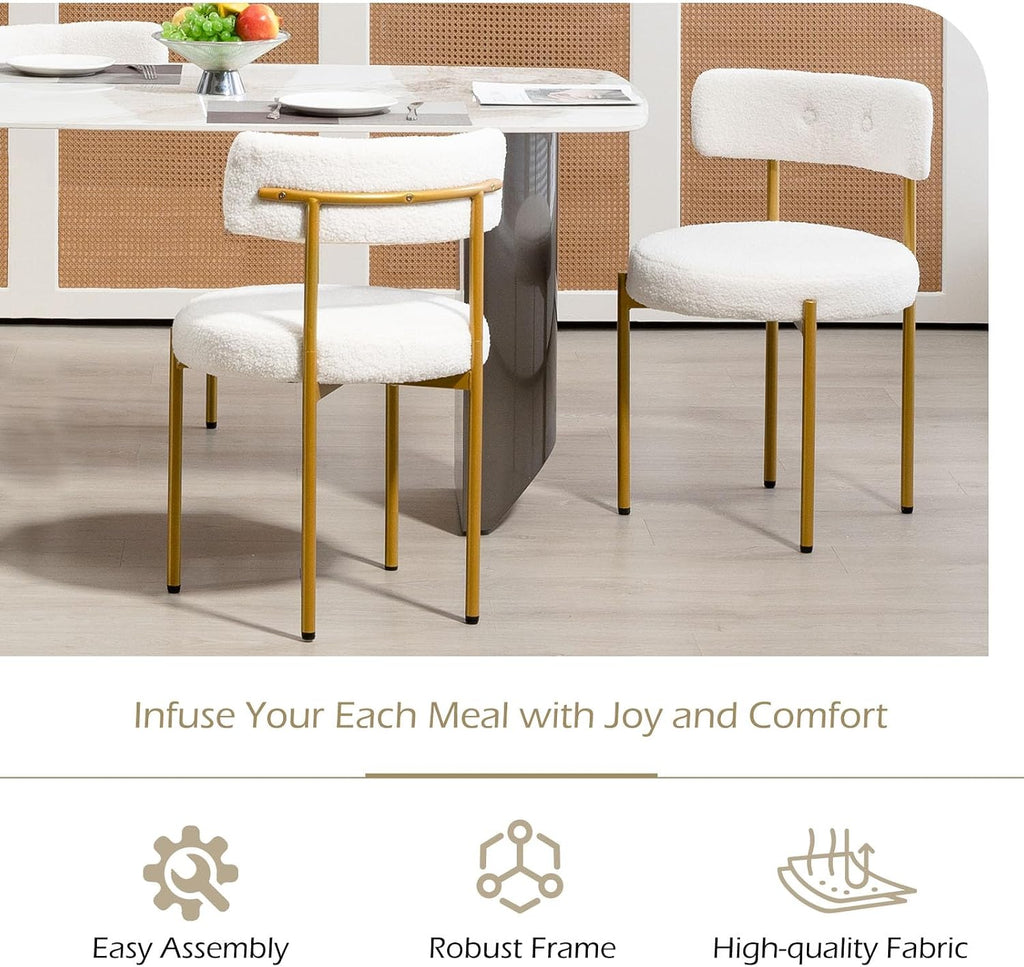White Boucle Dining Chairs Set of 4, Modern Kitchen Chairs with Gold Metal Legs and Curved Backrest, Round Dining
