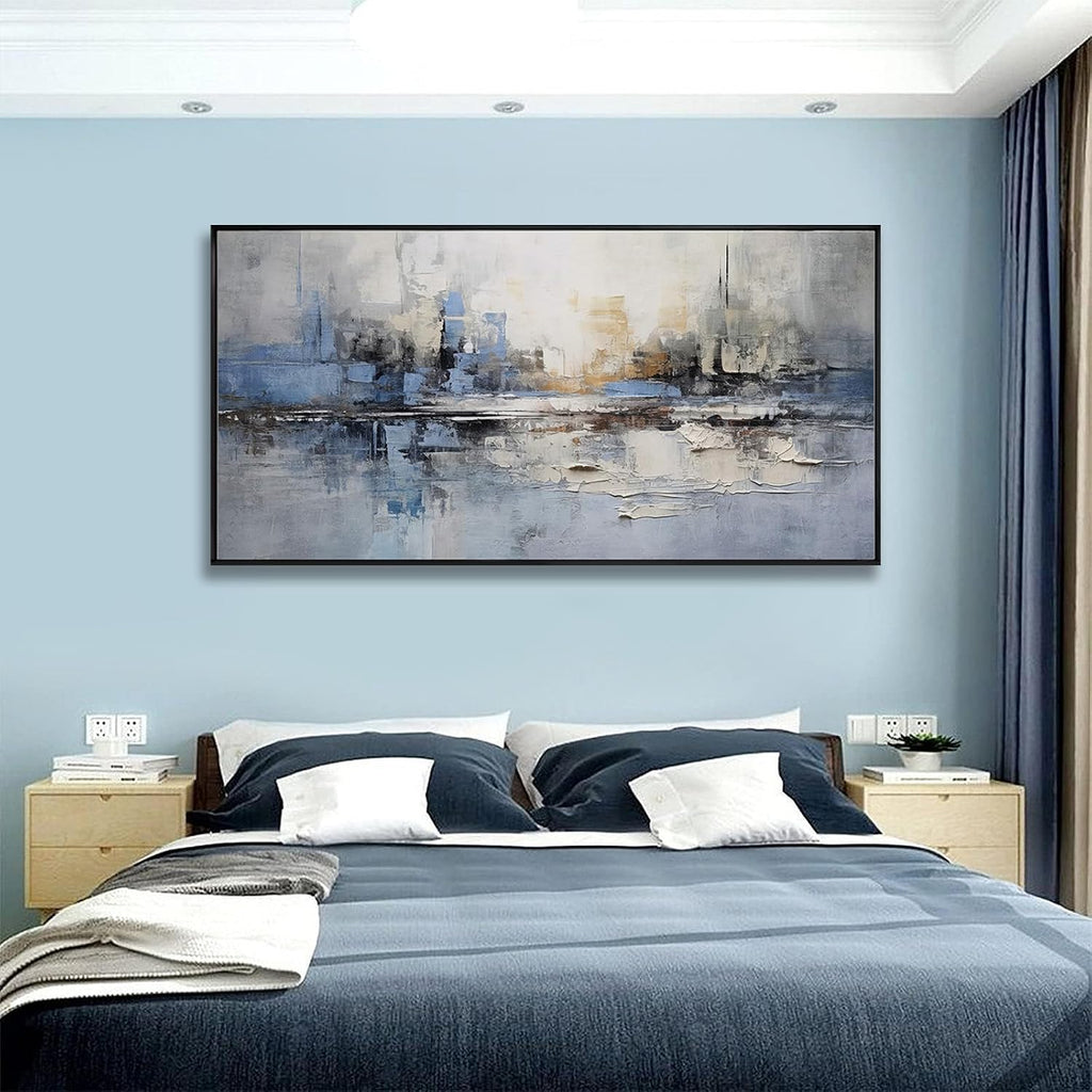 Abstract Wall Art Blue and White Reflection Framed Artwork Wall Decor Canvas Painting Stretched Canvas