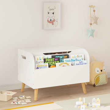 Large Toy Box Storage with 4 Wood Legs, Kids Toy Organizer with Front Bookshelf, Flip-Top Lid, Safety Hinge, Wooden