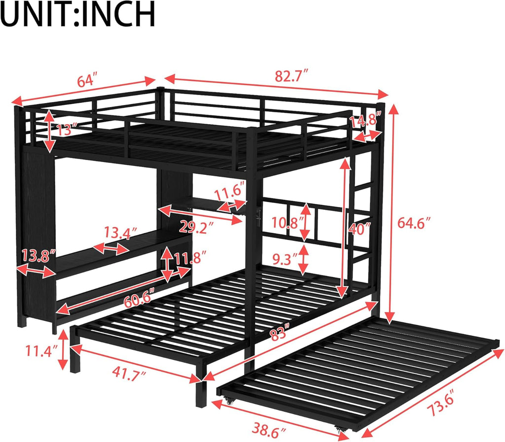 Queen Over Twin XL bunk Bed with Foldable Desk and Wardrobe and Twin Trundle, loft Bed with Desk and Desk