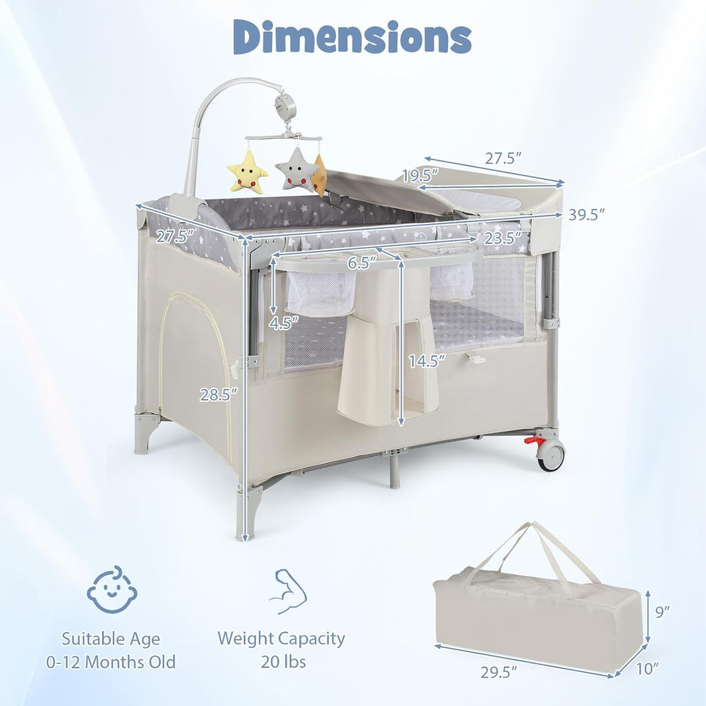 5-in-1 Pack and Play, Portable Baby Bedside Sleeper with Bassinet, U-Shaped Diaper Changer, Safety Strap, Side