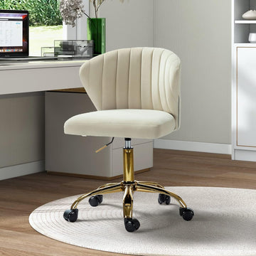 Office Desk Chairs with Wheels & Gold Base, Modern Velvet Cute Armless, Adjustable Low Back Swivel Rolling Chair
