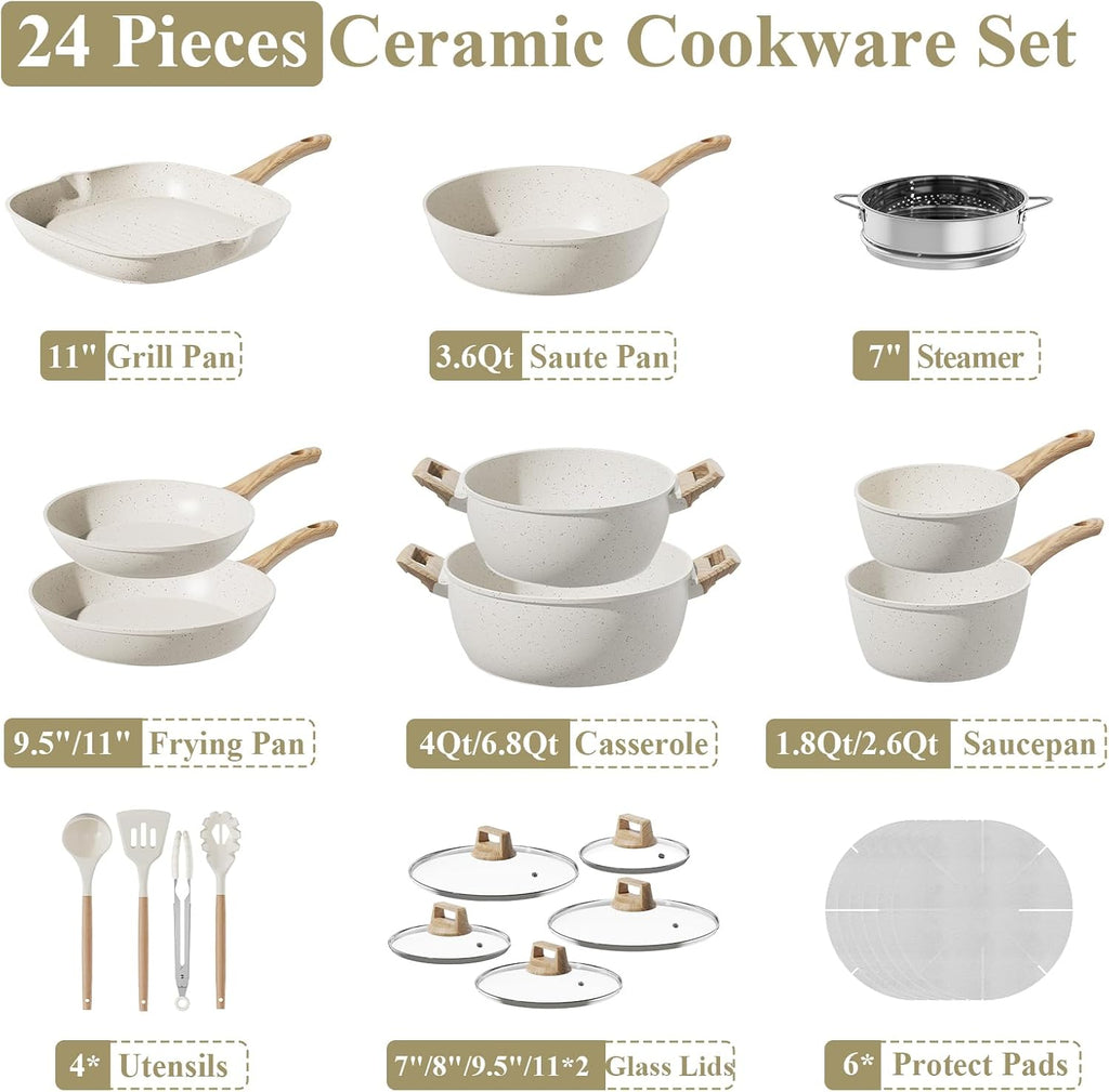 24Pcs Pots and Pans Set, Long-Lasting Ceramic Nonstick Cookware Set | Titanium-Reinforced Coating, PFAS-Free