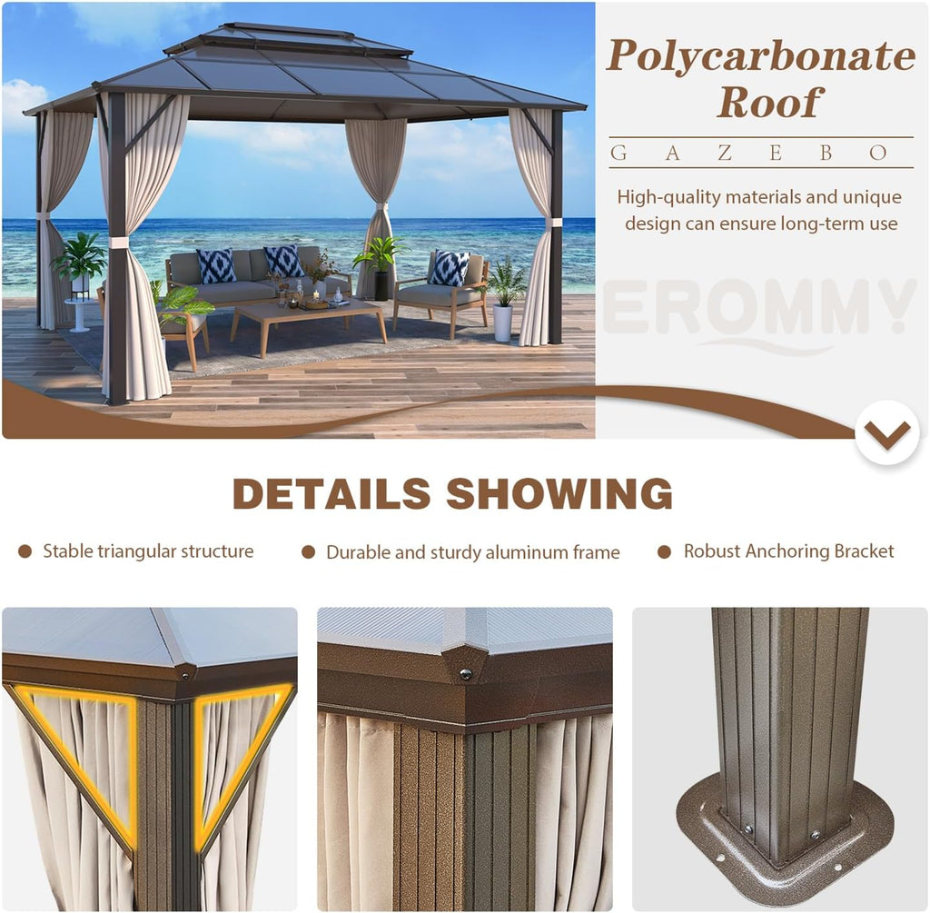 10' x 13' Gazebo Polycarbonate Double Roof Canopy Outdoor Aluminum Frame Pergola