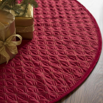 60 Inches Burgundy Quilted Christmas Tree Skirt Classic Reversible Xmas Tree Skirt with Metallic Gold Threading for