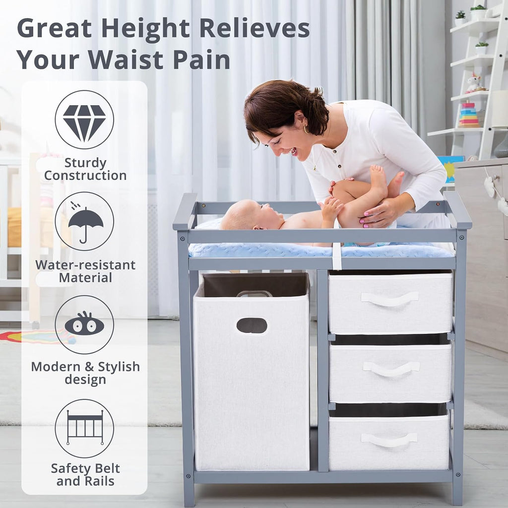 Modern Baby Changing Table with Laundry Hamper & 3 Drawers - Solid Wood Nursery Dresser Supports 40 Lbs, with Safety