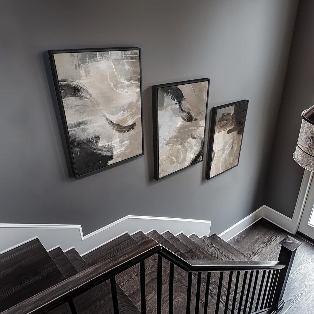 Framed Neutral Abstract Wall Art, 3 Piece Modern Minimalist Canvas Prints Paintings Artwork for Walls, Black Beige