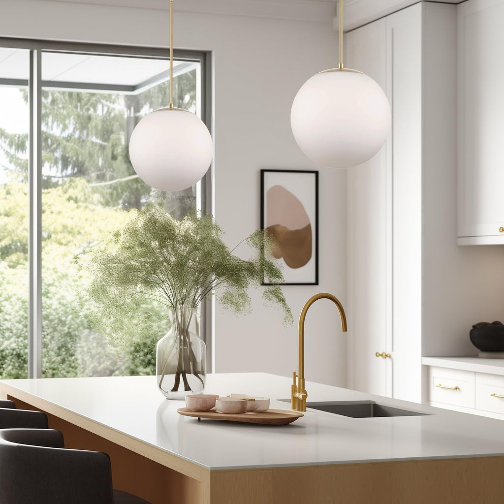 Ceres 14" Mid Century Modern Globe Pendant Light, Minimalist White Frosted Glass Orb Hanging Lamp, Cool Brass Finish