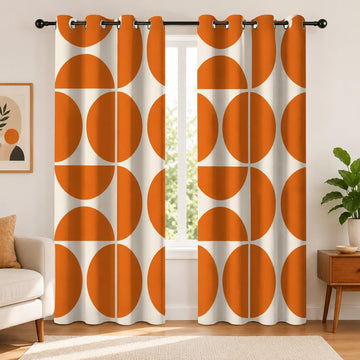 Orange and Beige Modern Geometric Blackout Curtains, Mid Century Retro Abstract Curtains, Boho Unique Semi Circle
