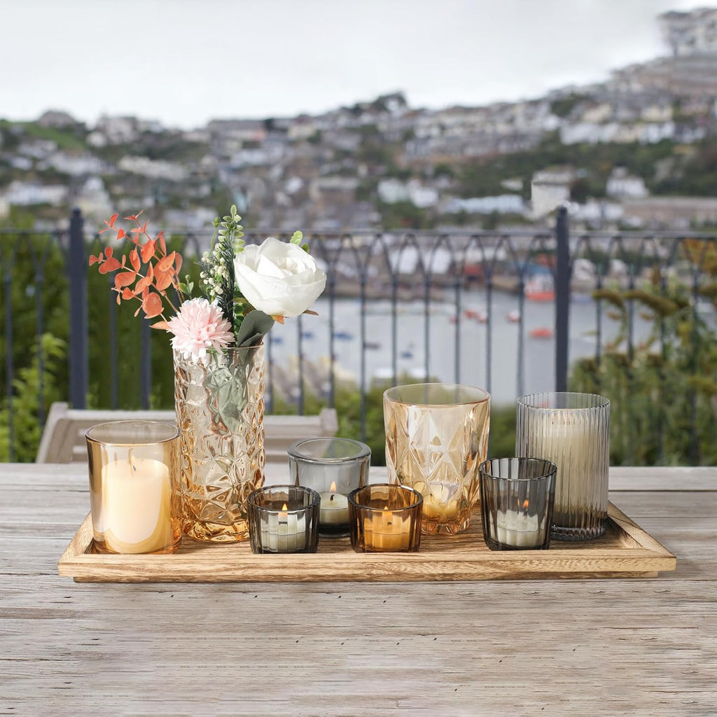 Rustic Wooden Tray with 8 Brown Glass Votive Candle Holders, Decorative Tea Light Holder Set for Mantel, Centerpiece
