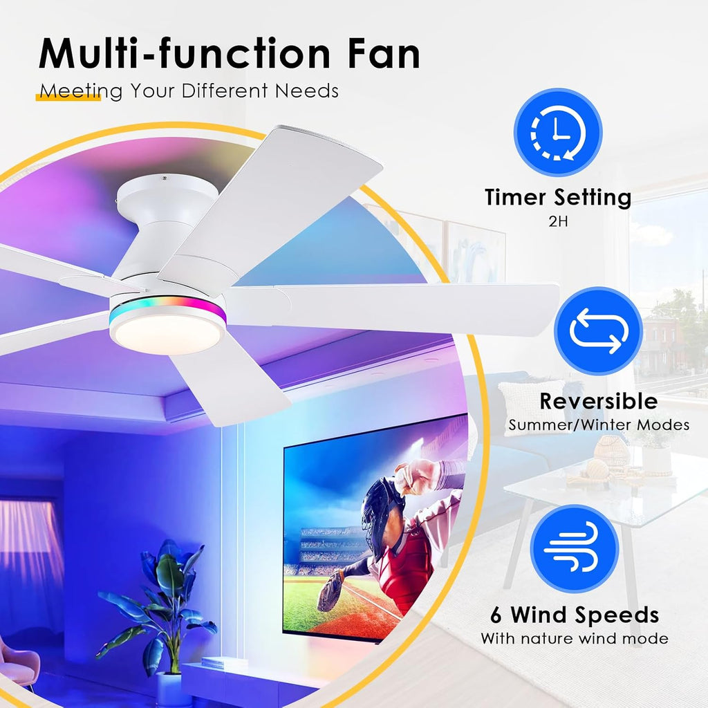 52" Flush Mount RGB Ceiling Fans with Lights - White Low Profile Ceiling Fan Light with Remote/APP, RGB+3CCT 6 Wind Speeds and Reversible, Modern Fan Light Fixture for Party, Kiad's Room