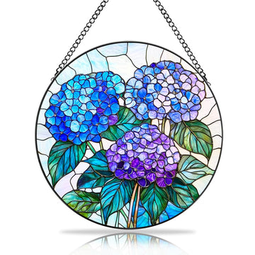 Hydrangea Flower Stained Glass Sun Catcher - Handmade Vibrant Window Hanging Decor with Chain & Hook, Floral Art &