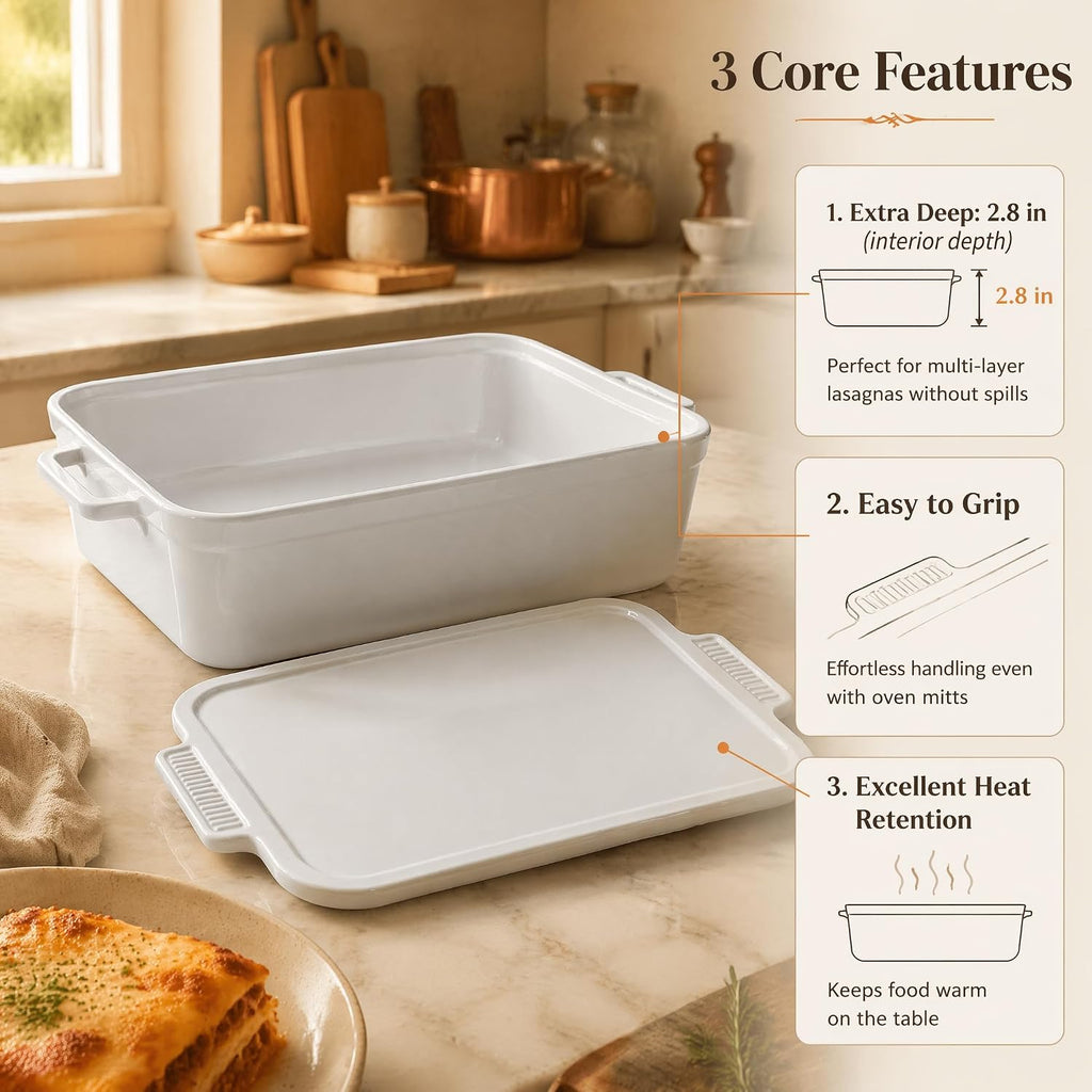 Ceramic Casserole Dish with Lid, 4.8 Qt Large Lasagna Pan Deep, Porcelain Dish for Oven, Rectangular Bakeware Set