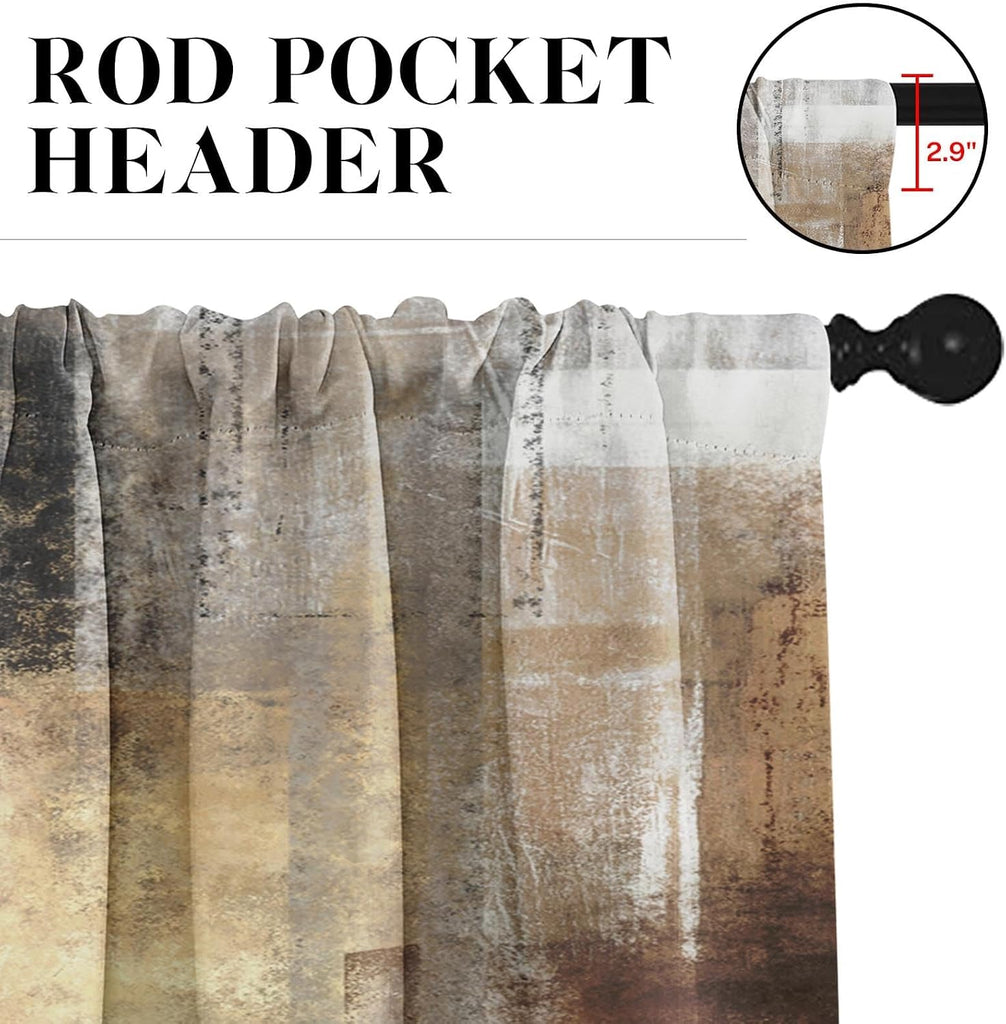 Brown Kitchen Window Curtains Valance and Tier Set, Grey Beige Modern Rod Pocket Short Tier Curtain, Abstract