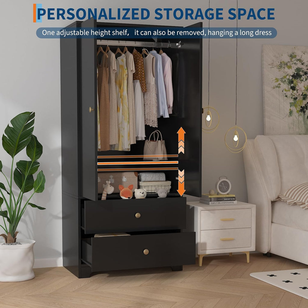 71" Armoire Wardrobe Closet, Modern Wooden Bedroom Armoire with 2 Drawers & 2 Doors and Adjustable Shelves,Clothing