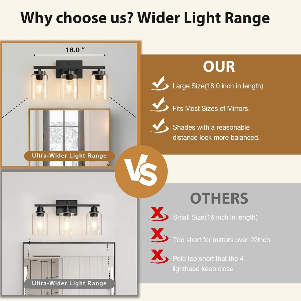 Modern Bathroom Light Fixtures, 3 Light Black Vanity Lights, Bathroom Lighting Fixtures Over Mirror with Clear Glass