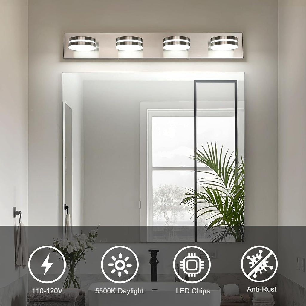 4-Light Bathroom Vanity Light, Brushed Nickel Bathroom Light Fixtures Over Mirror, LED Dimmable 5500K Bath Lighting