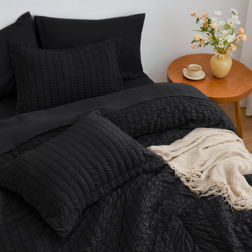 Seersucker Black Full Comforter Set, 7-Piece All Season Lightweight Bed in a Bag Bedding Set with Comforter, Flat
