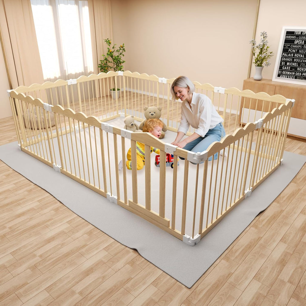 Foldable Baby Playpen Natural Wood Playpen for Babies,Toddlers,Kids Portable Infant Play pens with Door Extra Large