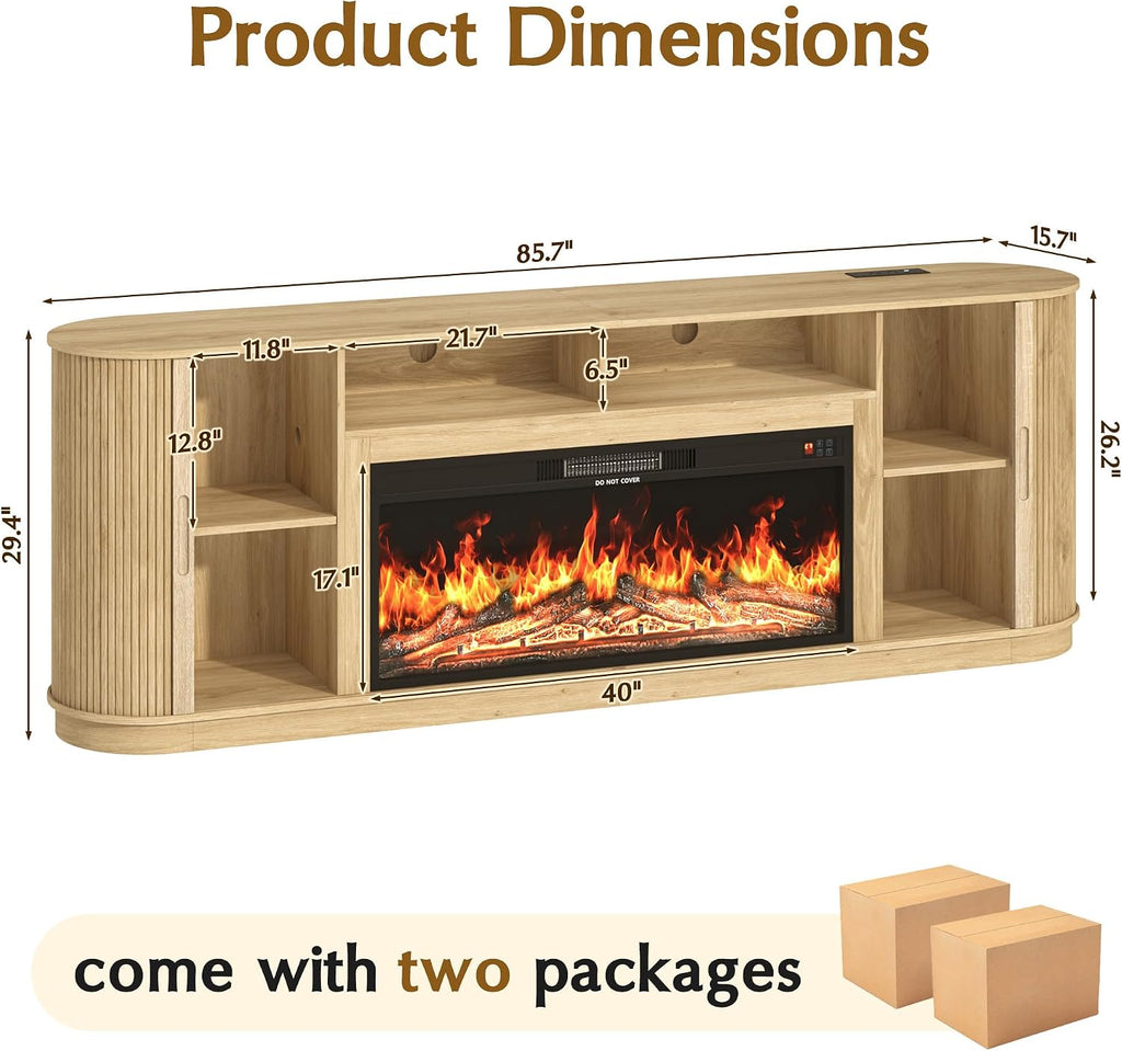 85.6" Fireplace TV Stand for TV Up to 90",Entertainment Center with 40" Electric Fireplace,Simulates 12 Flame
