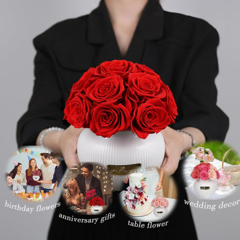 Preserved Roses,Weeding Flowers,Table Centerpiece Flowers,14Pcs Long Lasting Real Rose in Ceramic Vase,Table Flowers