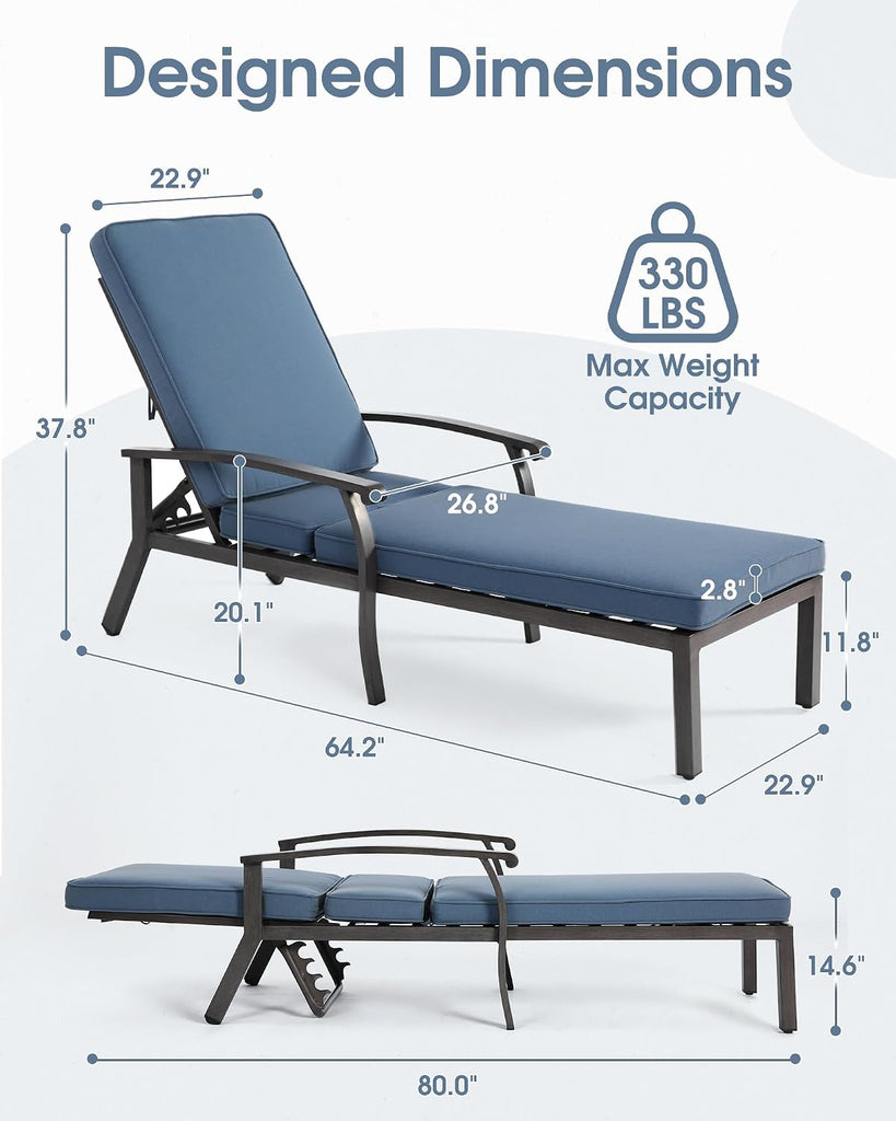 Chaise Lounge Chair Set of 2, Hand-Finished Wood Grain Cast Aluminum Reclining Loungers with Cushions, 5-Position