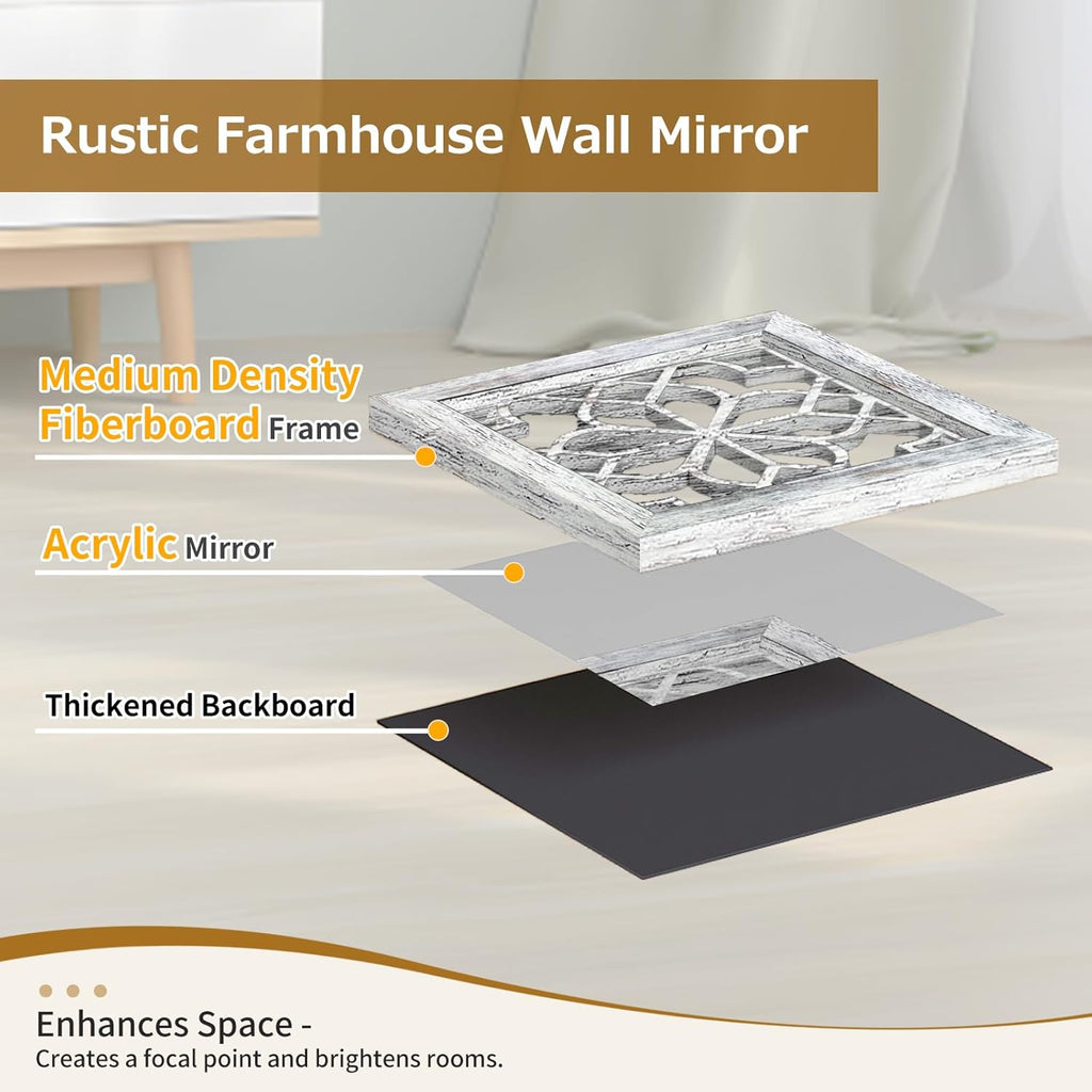 Boho Wall Mirror Decor, Set of 2 Rustic Farmhouse Accent Mirror 12x12 Inch, Square Shatterproof Vintage Style Mirrors