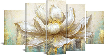Large 5 Pieces Lotus Flower Blooming Wall Art Canvas Print Painting Modern Peaceful Still Life Artwork Zen Golden