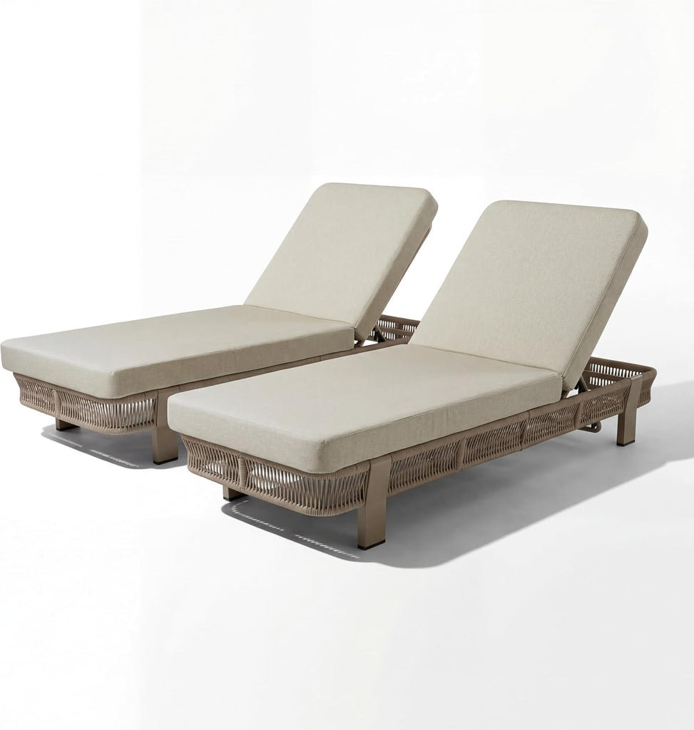 Outdoor Chaise Lounge Set of 2, Patio Outside Reclining Chairs | Metal & Rope Frame, 5-Position Adjustable Backrest