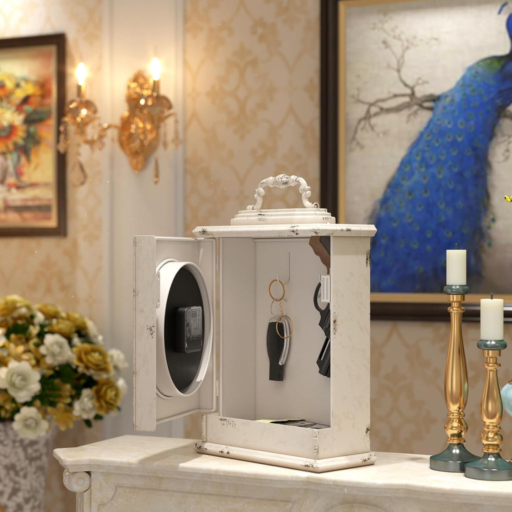 Vintage Mantel Clock with Hidden Safe, Antique White Style Fireplace Clocks