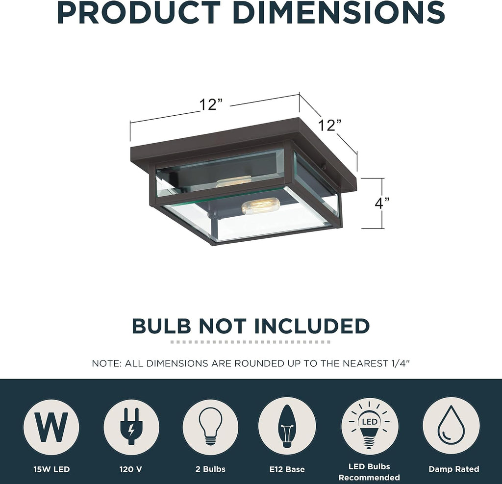 Westover 12" Outdoor Flush Mount Ceiling Light, 2-Light Western Bronze with Clear Beveled Glass, E12 Base