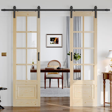Preassembled 48x84 (Double 24x84) Inch Clear Glass French Interior Door with 8Ft Barn Door Hardware 