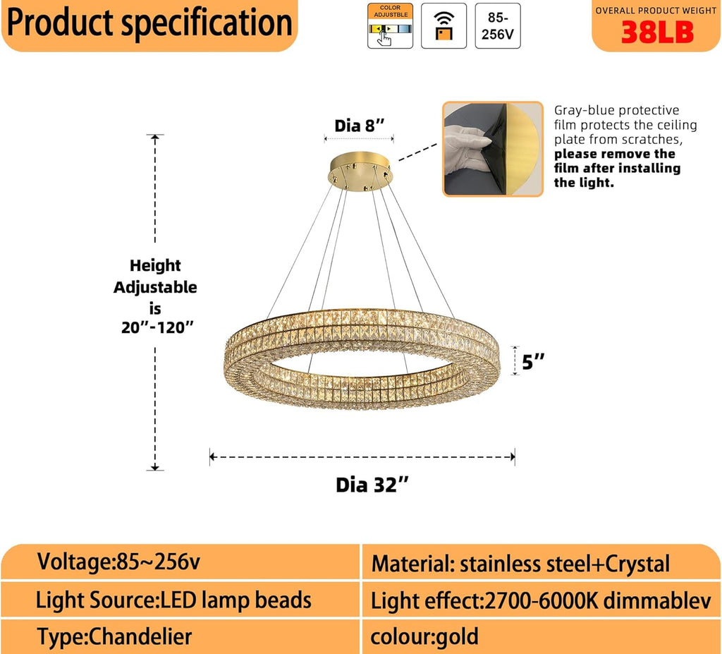Led 32" Gold Ring Crystal Chandelier, Modern Chandeliers Lighting and Hanging Ring Adjustable, Stainless Steel Ceiling Light Fixture for Living Room Dining Room Bedroom