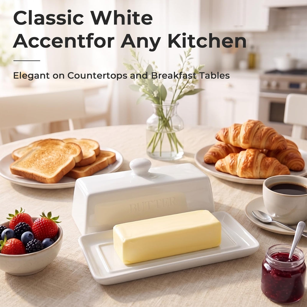 Butter Dish With Lid for Countertop,Butter Tray,Ceramic-White